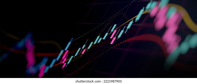 Close Up Financial Chart With Line Graph In Stock Market On Neon Color Background