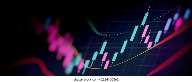 Close Up Financial Chart With Line Graph In Stock Market On Neon Color Background