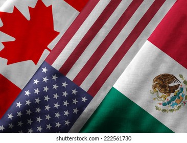 Close up of the flags of the North American Free Trade Agreement NAFTA members on textile texture. NAFTA is the world's largest trade bloc and member countries are Canada, United States and Mexico.