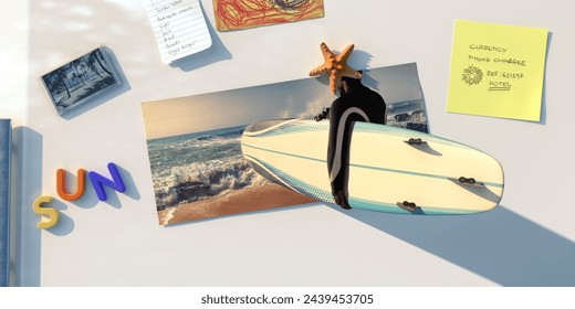 Close up of fridge freezer with a vacation 'to do' sticky note, shopping list, drawing, fridge magnets spelling out 'sun', a tropical beach scene, and starfish holding up a postcard of a surfer - Powered by Shutterstock