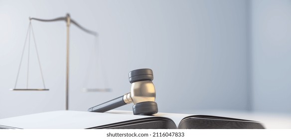 Close up of gavel, book and scales on blurry light background with mock up place. Law and jurisdiction concept. 3D Rendering - Shutterstock ID 2116047833