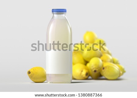 Close up of glass bottle of fresh lemon juice on light background. 3d rendering. Imagine de stoc © 