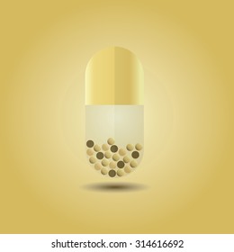 Close up of golden vertical capsule on gold gradient background - Detail content and transparent container