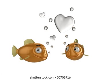 Close up of goldfish in love illustration. Two fish blowing heart shaped bubbles.