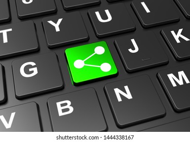 Close up green button with share sign on black keyboard: 3D illustration