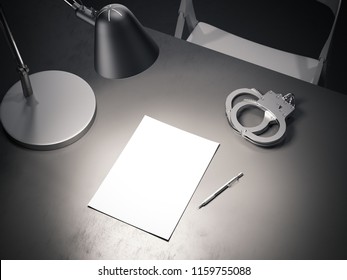 Close Up Of Grey Table With Switched-on Lamp, Handcuffs And Paper Sheet Above In Dark Interrogation Room, 3d Rendering.