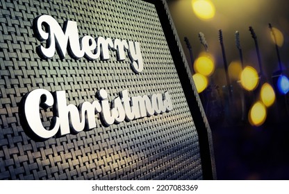 Close Up Of A Guitar Amp With Merry Christmas Badge And Blurred Christmas Lights, Blurred Guitars In The Background, 3d Rendering