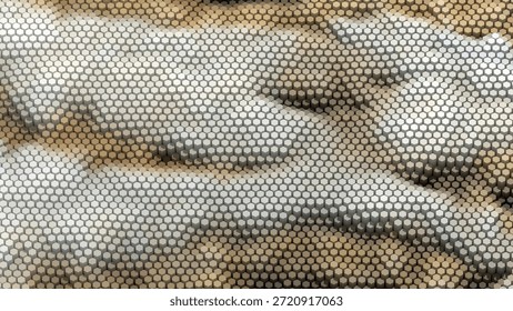 Close hex mesh over soft clouded base — geometric overlay blending industrial grid with organic texture.