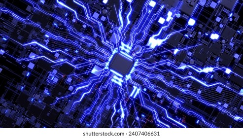 Close Up High Tech Circuit Computer Board Processor. Futuristic Technology. Computer And Technology Related 3D Illustration Render