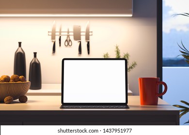 Close up of laptop with blank white screen on table in modern kitchen interior. 3d rendering.