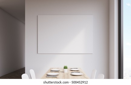 Close Up Of Large Horizontal Poster On White Kitchen Wall. Concept Of Art In Interior. 3d Rendering. Mock Up. Toned Image