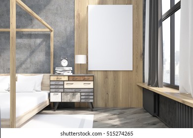 Close Up Of Large Vertical Poster Hanging On Wooden Part Of The Wall In The Bedroom With Pillared Bed. 3d Rendering. Mock Up