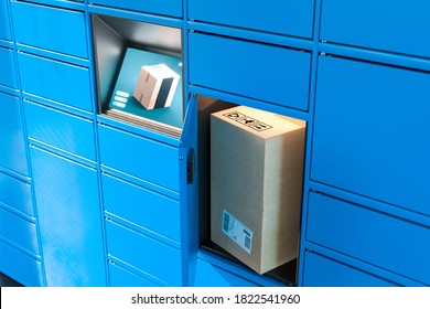 Close up Of Light Blue Self-Service Post Terminal Machine With Touchscreen Monitor and One Open Locker With Parcel Inside. Parcel In Cardboard Package. 3d rendering.