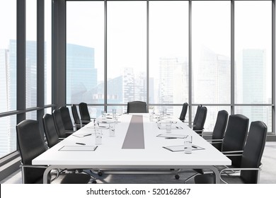 Close up of a long meeting room table surrounded by armchairs in a location with panoramic windows. 3d rendering