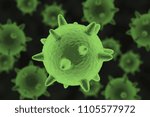 Close up look at 3d rendering green virus for medical uses, black bokeh background