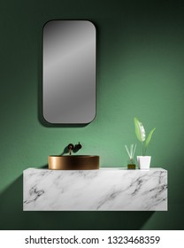 Close up of luxury bathroom sink standing on white marble countertop in room with green walls and vertical mirror. 3d rendering