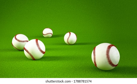 Close Up Many Baseball With Leather Globe And Bat On Artificial Grass Background With  Space For Text, Concept Image For Practice, Exercise Or Recreation In Sport Arena For Young People. 3D Rendering