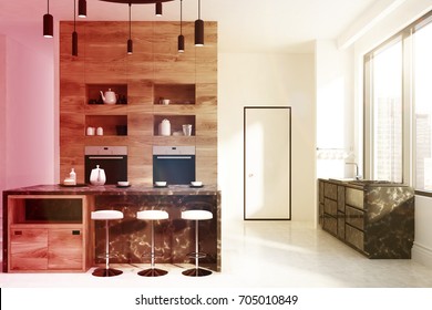 Close up of a marble bar like table, a cupboard with two built in stoves, a loft window and a white door with a black frame. Front view. 3d rendering mock up toned image double exposure