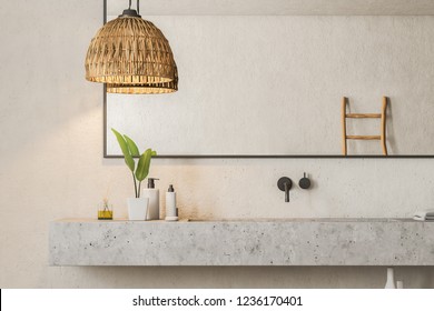 Close up of marble bathroom sink standing in room with white walls and big horizontal mirror hanging above it. 3d rendering