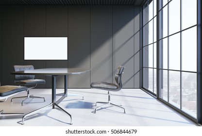 Close Up Of A Meeting Room In Dark Contemporary Panoramic Office. With Empty Screen Tv On Wall. 3D Rendering
