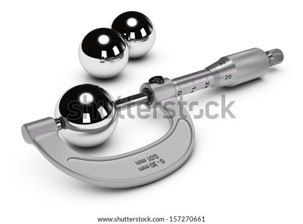 Close up of a micrometer during a dimensional measure of a sphere. 3D render image over white.