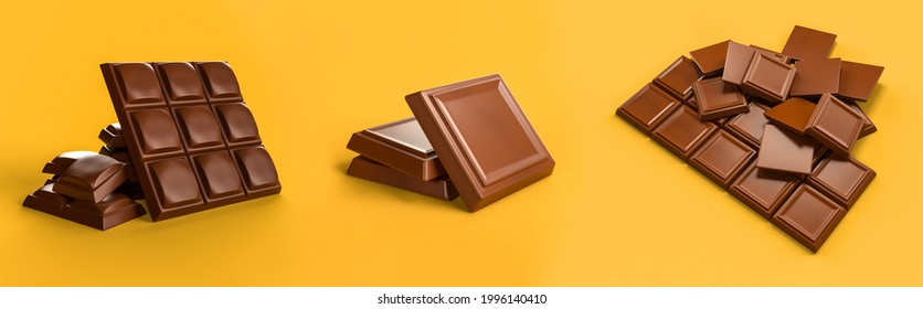 close up Milk chocolate Bar set isolated on Orange background Bunch of chocolate pieces 3d illustration