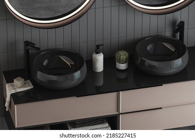 Close Up Of Modern Countertop Design With  White Double Ceramic Sink And A Stylish Round Mirrors On The Black Wall Of The Bathroom. A Concept Of Interior Trends. 3d Rendering