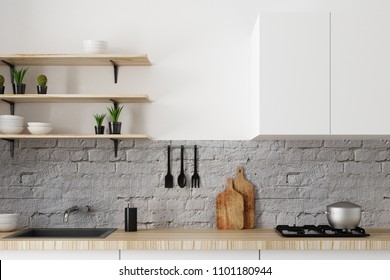 Close Up Of Modern White Kitchen Counter On Brick Wall. Style And Design Concept. 3D Rendering 