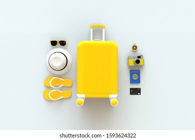 Close up modern yellow suitcases bag with traveler accessories on white background. Travel concept. Vacation trip. Copy space. Minimal style. 3D rendering illustration - Shutterstock ID 1593624322