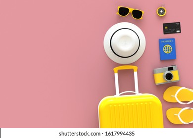 Close up modern yellow suitcases bag with traveler accessories on pink background. Travel concept. Vacation trip. Copy space. Minimal style. 3D rendering illustration - Shutterstock ID 1617994435