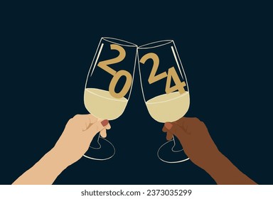 Close up of multiracial's hands holding glasses of champagne cheers to New Year celebration with 2024 line up in the glass. - Powered by Shutterstock