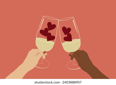 Close up of multiracial's hands holding glasses of champagne cheers to valentine's day celebration with red hearts line up in the glasses. - Powered by Shutterstock