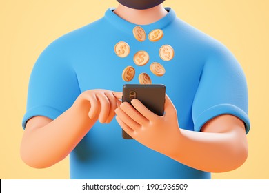 Close Up No Face Cartoon Character Hold Smartphone With Dollar Coins Fly From Screen Over Yellow Background. 3d Render Illustration.