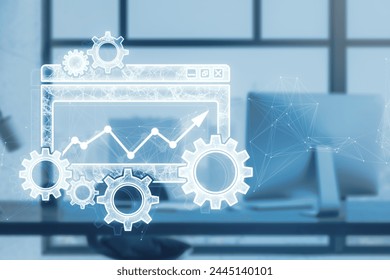 Close up of office workplace with digital folder with cogs, mesh and arrows on blurry backdrop. Project Management icon, data management, folder, project goals, task management concept. 3D Rendering