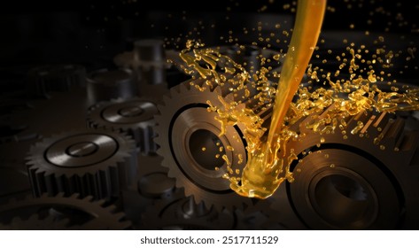 Close up of Oil wave splashing on gears, Concept of Lubricate motor oil and Gears, 3D rendering. - Powered by Shutterstock