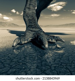 Close Up On The Feet Of A Tyrannosaurus Rex On Desert, 3d Illustration