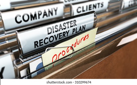 Close Up On A File Tab With The Text Distaster Recovery Plan, Focus On The Main Text And Blur Effect. Concept Image For Illustration Of DRP Ans Crisis Communication.