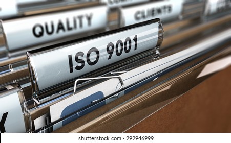 Close Up On A File Tab With The Word ISO 9001, Focus On The Main Text And Blur Effect. Concept Image For Illustration Of Quality Standards