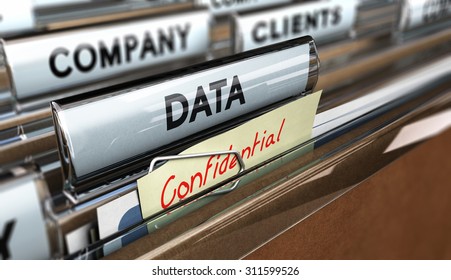 Close up on a file tab with the word data and confidential, focus on the main text and blur effect. Concept image for illustration of company data protection.