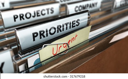 Close Up On A File Tab With The Word Priorities With Blur Effect. Concept Image For Illustration Of Setting Priorities In Projects.