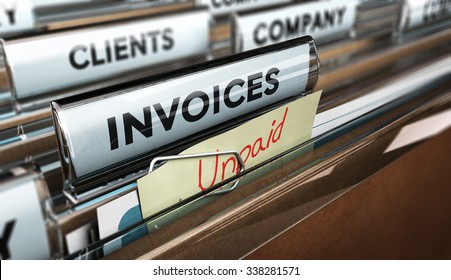 Close Up On A File Tab With The Word Invoice And A Note Where It Is Handwritten Unpaid With Blur Effect. Concept Image For Illustration Of Unpaid Invoices Recovery.