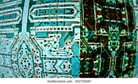 Close up on a graphic blue integrated circuit board.