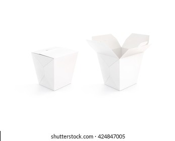 Close And Open Blank Wok Box Mockup Stand Isolated, 3d Rendering. Empty Clear Noodle Carton Box Mock Up. Asian Take Away Food Paper Bag Template. Chinese Meal Container Packaging. Rice, Udon, Pasta