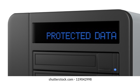 close up of a panel of a network data storage with the text: protected data (3d render)