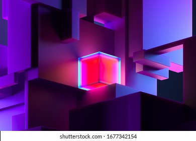 Close Up Of Pink Neon Bright Cube On Violet Abstract Geometric Foursquare Figures With Copy Space. 3d Rendering