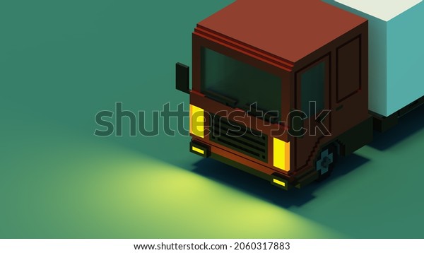 close up pixel art truck with\
yellow light on blue background, voxel cargo truck with blank\
area