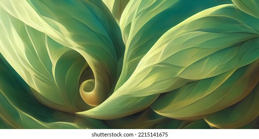 Close Up Of A Plant, Green Leaves With Soft Studio Light, Morning Light, Digital Illustration, Background Design With Texture, Green And Blue Tones	