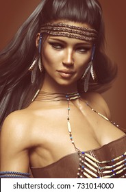 Close up portrait of a posing native American female wearing traditional dress. 3d rendering 