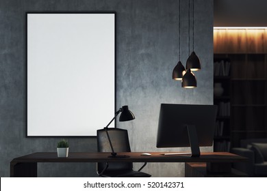 Close up of poster in CEO office with bookcase, sofa, table and large vertical poster on concrete wall. 3d rendering. Mock up. 