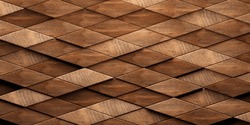 Close Up Of Randomly Offset Shifted Stretched Rhomb Wooden Cubes Or Blocks Surface Background Texture, Empty Floor Or Wall Hardwood Wallpaper, 3D Illustration
